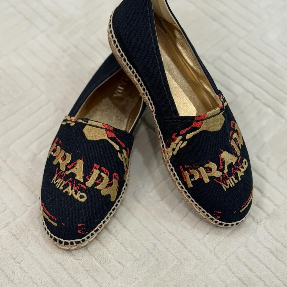 Prada Black Canvas Espadrilles with Gold and Red Logo Embroidery
